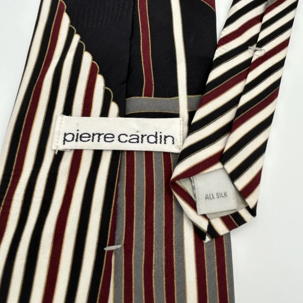 Pierre Cardin Necktie Mens OS Grey Burgundy Silk Geometric Abstract Art Deco 90s